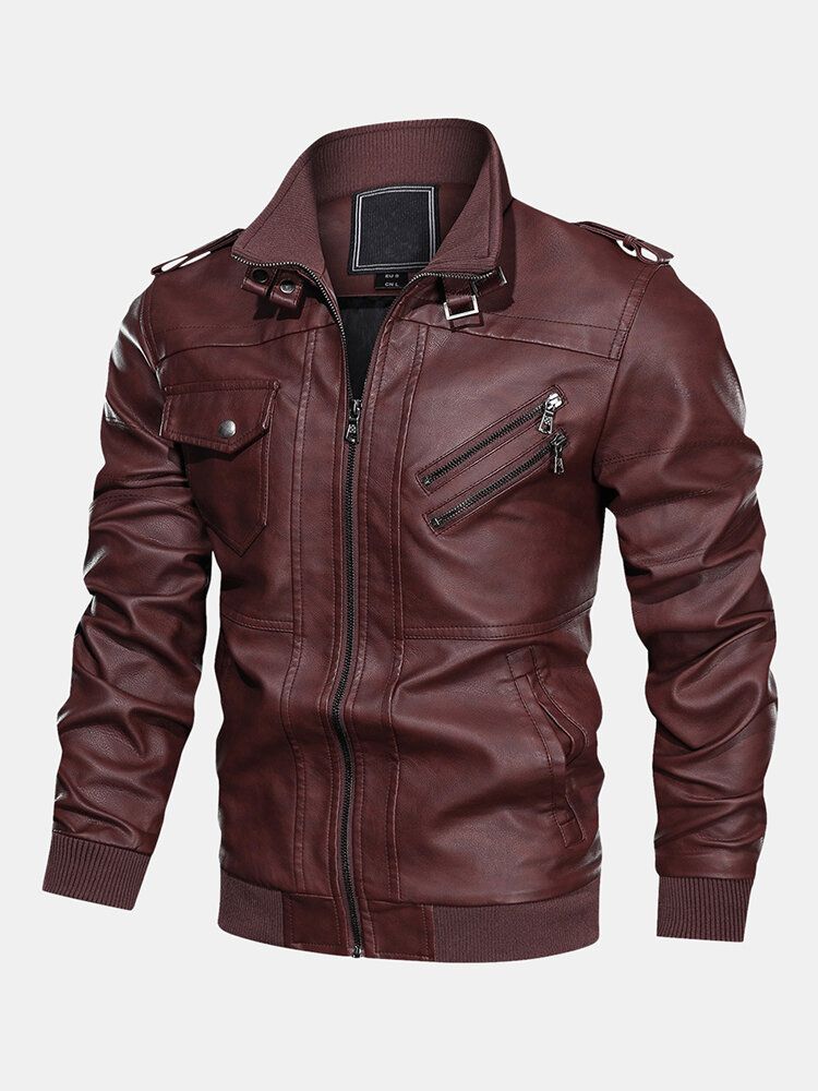 Chaquetas De Motociclista Con Cremallera Frontal De Cuero Pu De Color Sólido Para Hombre Con Múltiples Bolsillos