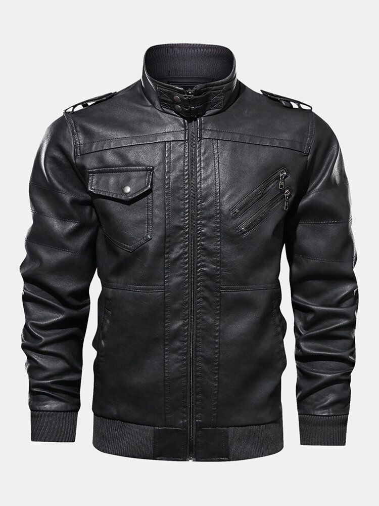 Chaquetas De Motociclista Con Cremallera Frontal De Cuero Pu De Color Sólido Para Hombre Con Múltiples Bolsillos