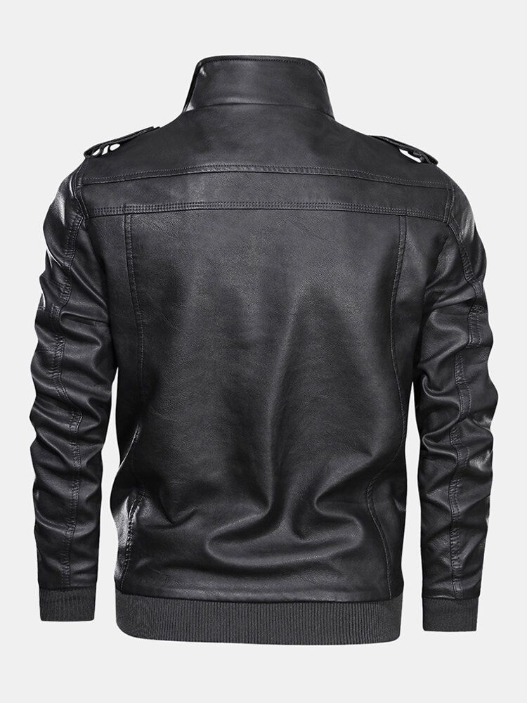 Chaquetas De Motociclista Con Cremallera Frontal De Cuero Pu De Color Sólido Para Hombre Con Múltiples Bolsillos