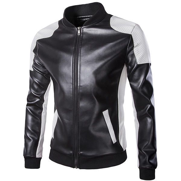 Hombre Pu Cuero Moda Negro Blanco Costura Motocicleta Chaqueta De Motorista Abrigo De Cuello De Béisbol