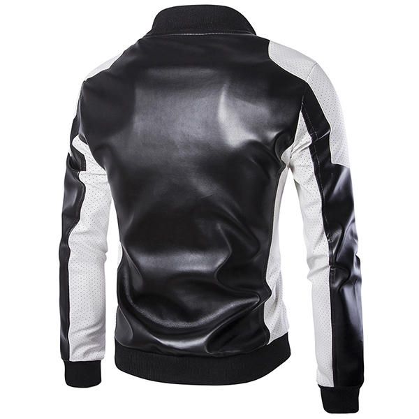 Hombre Pu Cuero Moda Negro Blanco Costura Motocicleta Chaqueta De Motorista Abrigo De Cuello De Béisbol