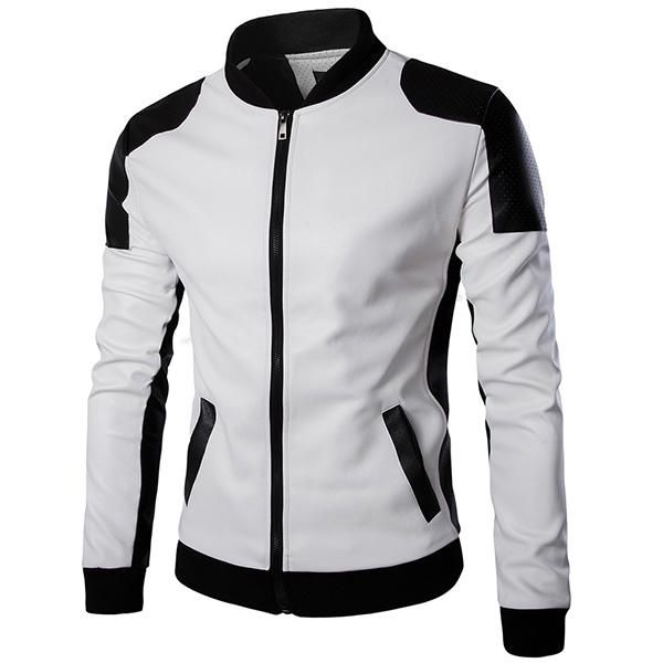 Hombre Pu Cuero Moda Negro Blanco Costura Motocicleta Chaqueta De Motorista Abrigo De Cuello De Béisbol