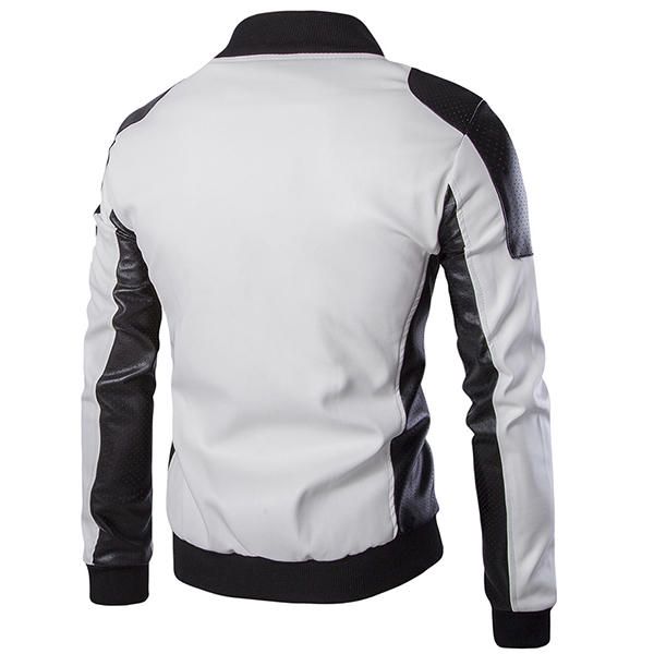 Hombre Pu Cuero Moda Negro Blanco Costura Motocicleta Chaqueta De Motorista Abrigo De Cuello De Béisbol