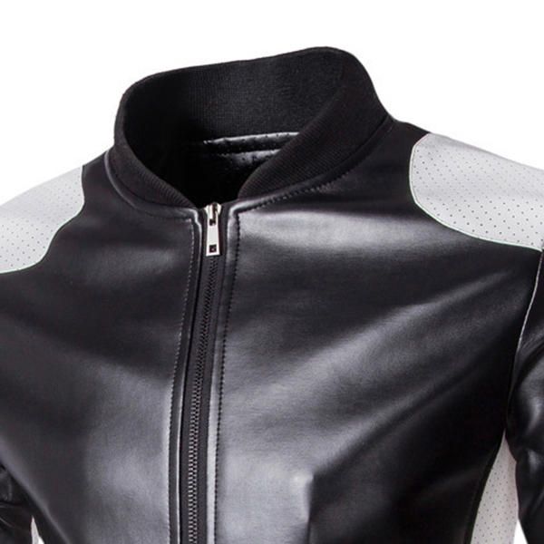 Hombre Pu Cuero Moda Negro Blanco Costura Motocicleta Chaqueta De Motorista Abrigo De Cuello De Béisbol