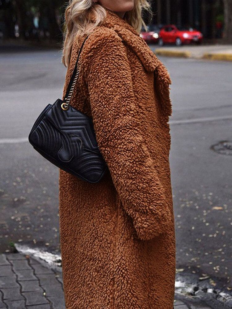 Abrigo Informal Cálido De Color Sólido Con Solapa De Lana Gruesa De Invierno Para Mujer