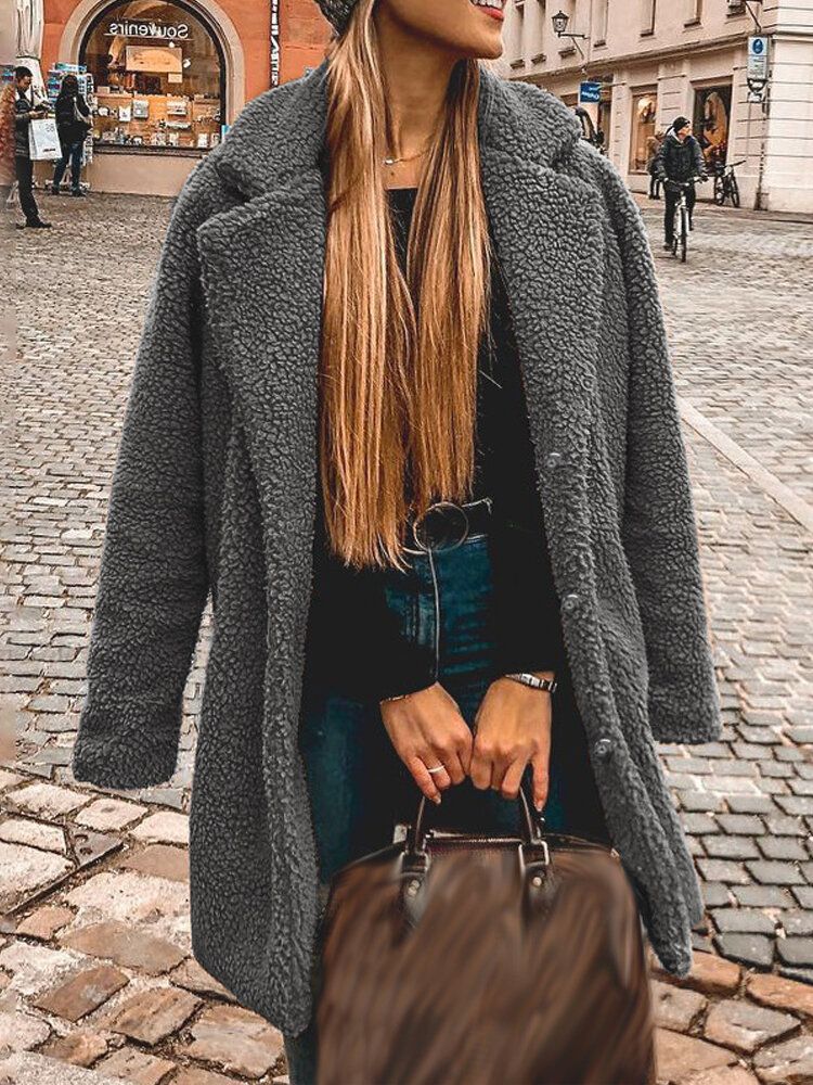 Abrigo Informal Cálido De Color Sólido Con Solapa De Lana Gruesa De Invierno Para Mujer