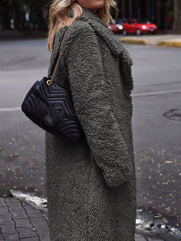 Abrigo Informal Cálido De Color Sólido Con Solapa De Lana Gruesa De Invierno Para Mujer