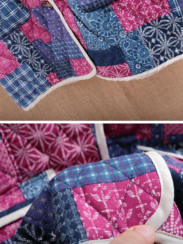 Abrigo De Patchwork Con Botones De Bolsillo De Manga Larga Con Capucha De Algodón Para Mujeres Étnicas