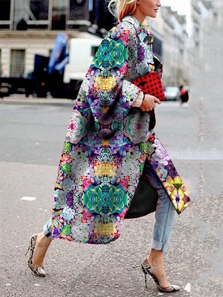 Abrigo De Solapa Casual De Manga Larga Con Estampado Floral Para Mujer