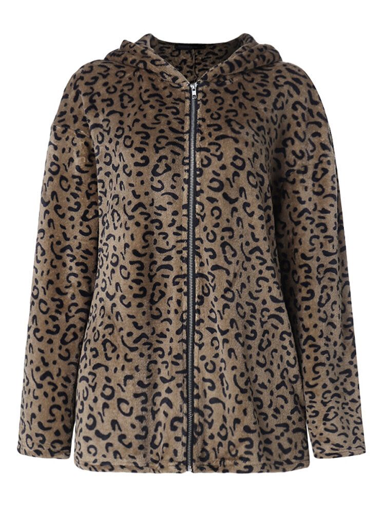 Abrigos Casuales Con Capucha Y Estampado De Leopardo Con Cremallera Para Mujer