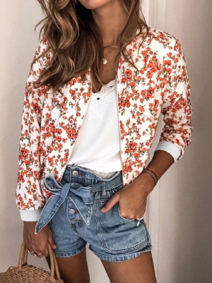 Abrigos Casuales De Manga Larga Con Estampado Floral Con Cremallera Y Cuello Redondo Para Mujer