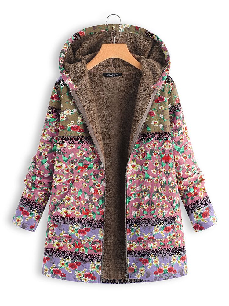 Abrigos Con Capucha Estampados Florales De Patchwork De Invierno Para Mujer