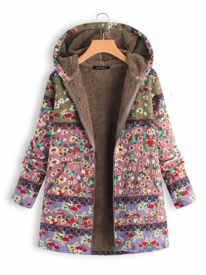 Abrigos Con Capucha Estampados Florales De Patchwork De Invierno Para Mujer