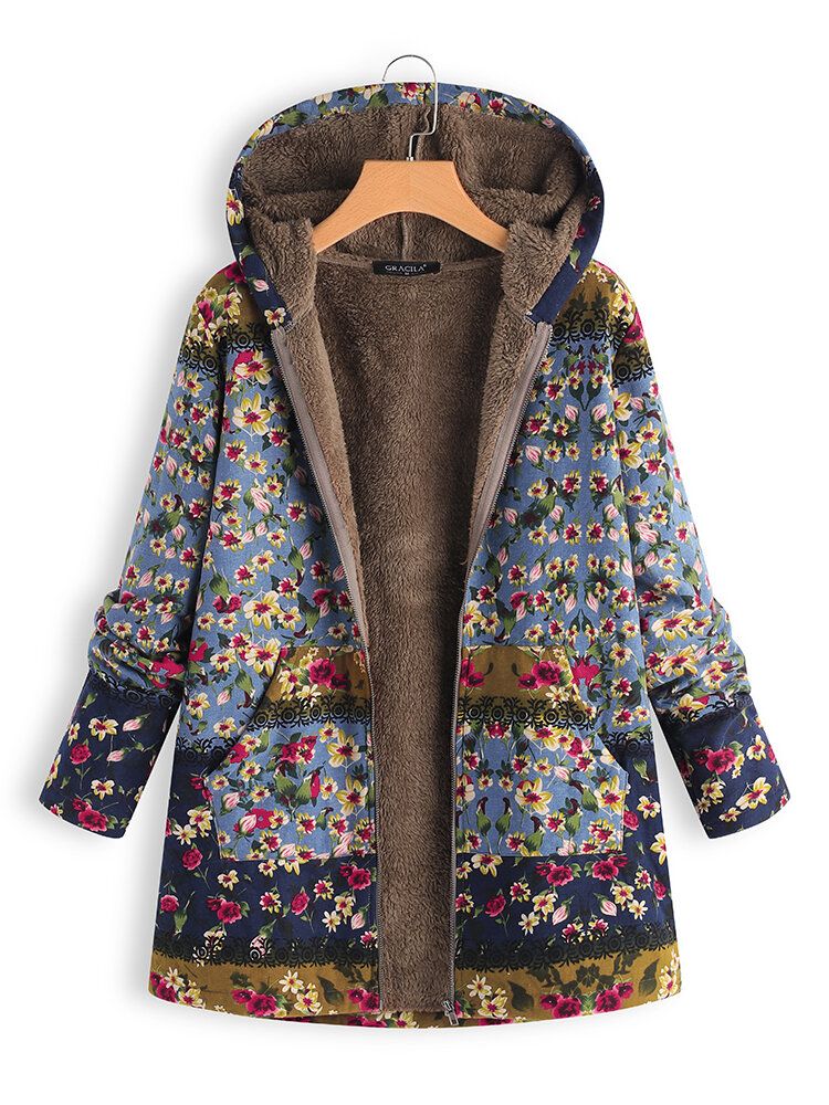 Abrigos Con Capucha Estampados Florales De Patchwork De Invierno Para Mujer