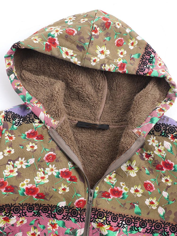 Abrigos Con Capucha Estampados Florales De Patchwork De Invierno Para Mujer