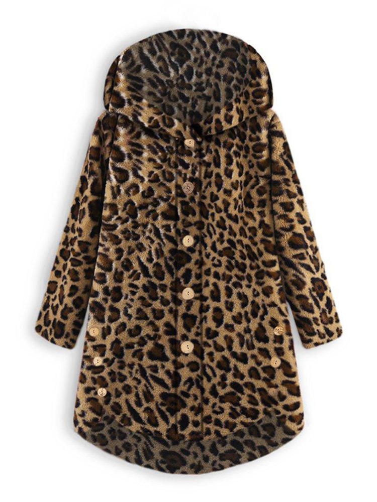 Abrigos Con Capucha Y Botones Con Estampado De Leopardo Para Mujer