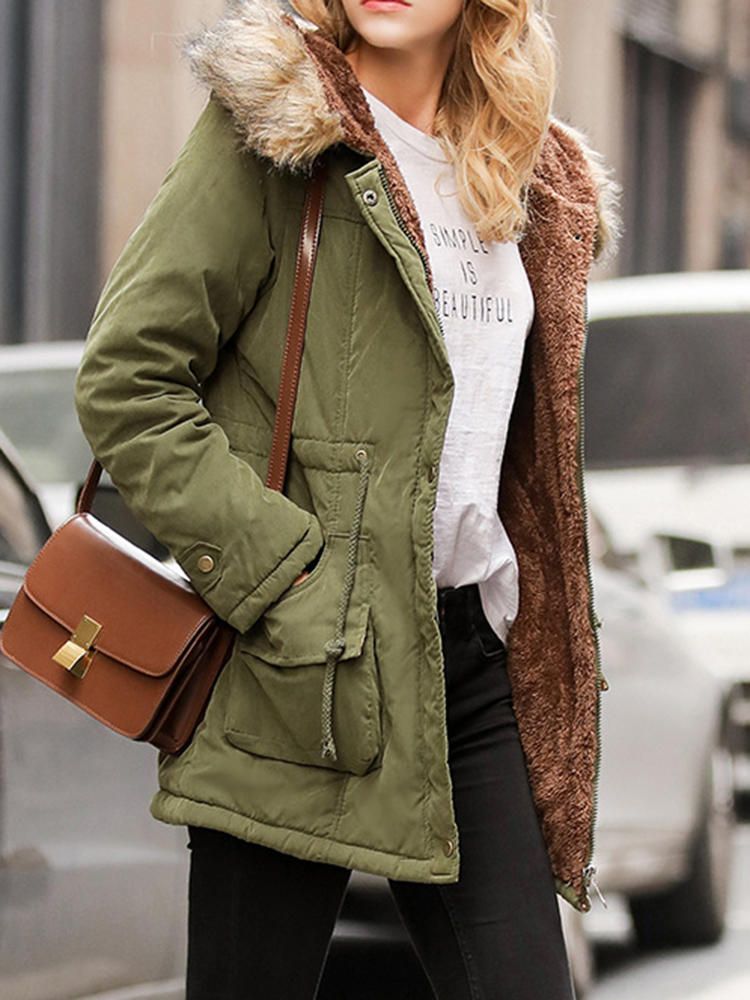 Abrigos Gruesos Con Capucha Y Cuello De Piel De Color Puro De Invierno Para Mujer