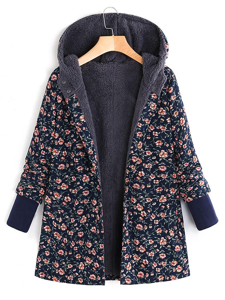 Abrigos De Manga Larga De Lana Con Capucha Con Estampado Floral Otoño Invierno