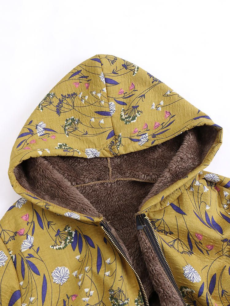 Bolsillos De Manga Larga Con Capucha Y Estampado Floral Abrigos De Chaqueta Vintage