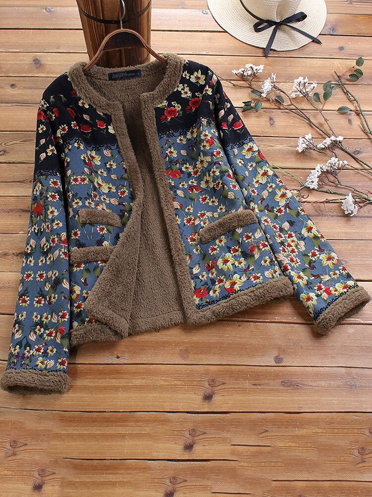 Chaqueta De Abrigos Gruesos De Manga Larga Con Cuello Redondo Y Estampado Floral Vintage