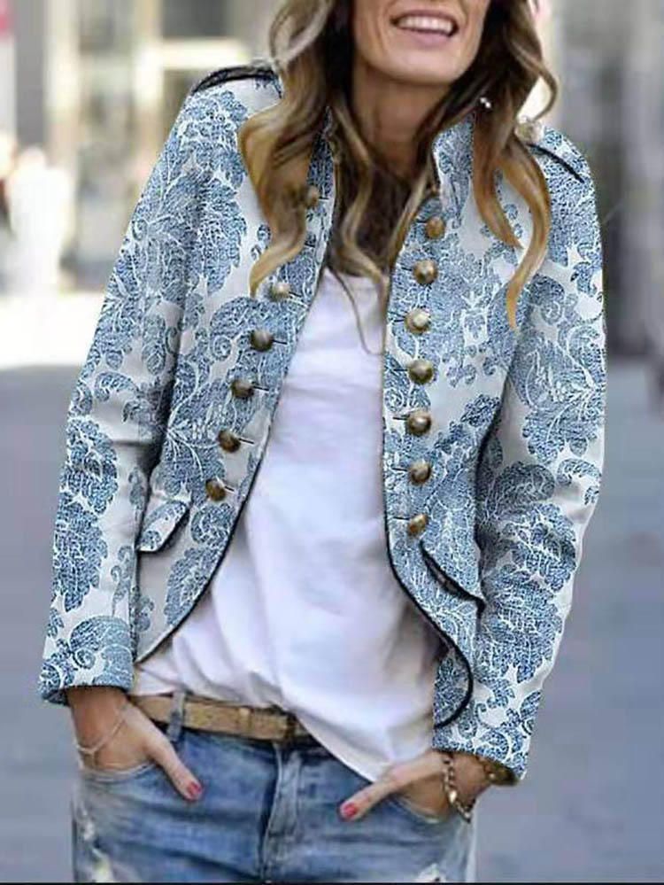 Chaqueta Casual De Manga Larga Con Botones Estampados Para Mujer