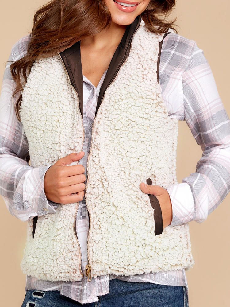 Chaqueta De Chaleco Grueso Con Cuello Vuelto Sólido Para Mujer