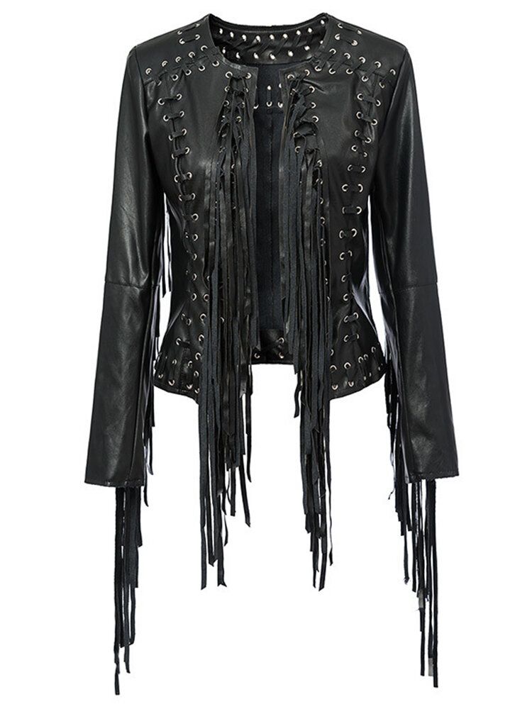 Chaqueta De Cuero Sintético Con Borlas Y Ojales De Metal Estilo Punk Para Mujer