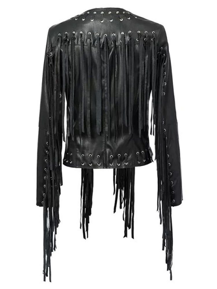 Chaqueta De Cuero Sintético Con Borlas Y Ojales De Metal Estilo Punk Para Mujer