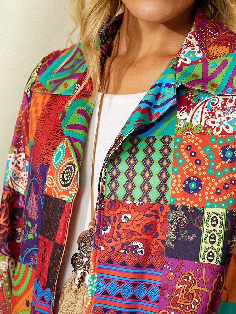 Chaqueta De Estilo Étnico Con Solapa Y Solapa Con Estampado Tribal Para Mujer Con Bolsillo