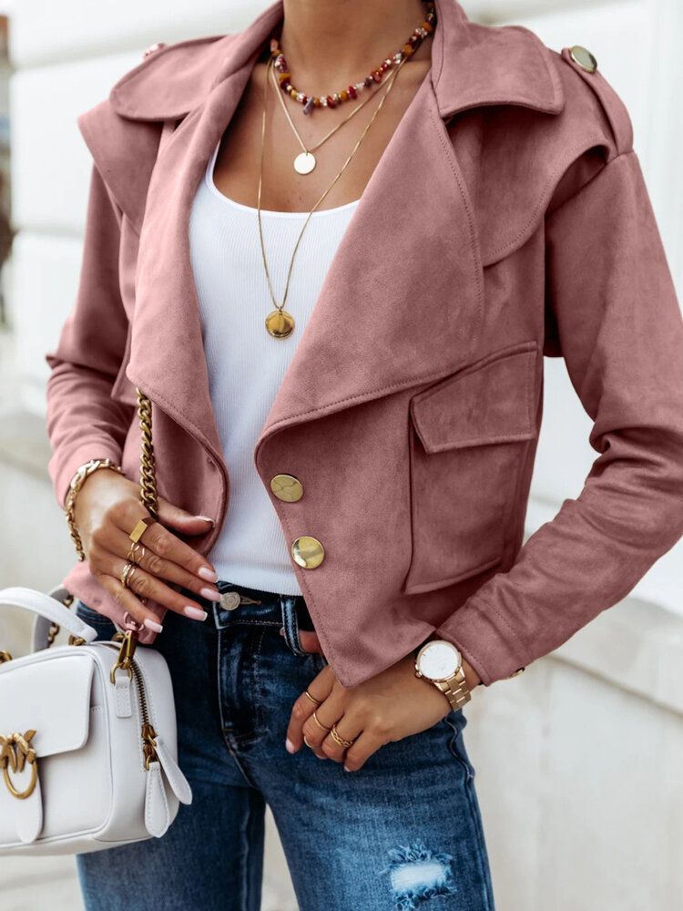 Chaqueta De Manga Larga Informal Con Solapa Y Botones De Gamuza Sintética Sólida Para Mujer Con Bolsillo