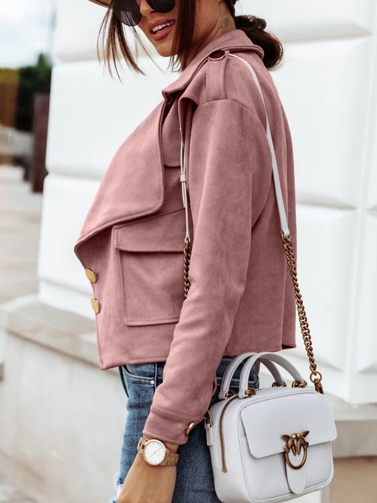 Chaqueta De Manga Larga Informal Con Solapa Y Botones De Gamuza Sintética Sólida Para Mujer Con Bolsillo