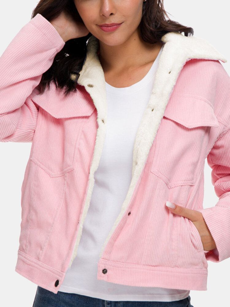 Chaqueta De Peluche Casual De Pana Con Forro De Piel De Oveja Sintética Con Doble Bolsillo Para Mujer