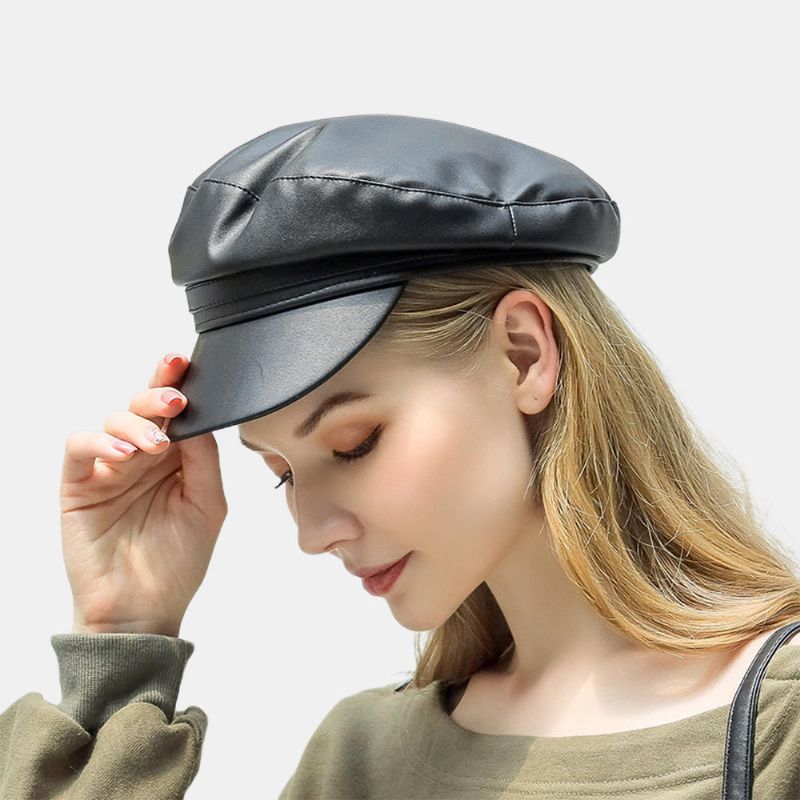 Boina De Cuero Sintético Sombrero Octogonal Salvaje Literario Gorra Militar Del Ejército Sombreros Planos