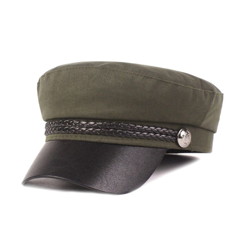 Chaqueta De Cuero Para Mujer Gorra Azul Marino Gorra Plana Gorra Militar Retro