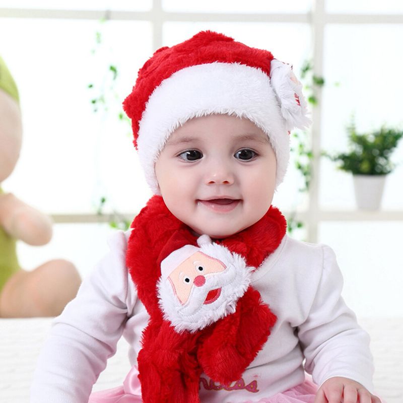 Child Baby 2pcs Keep Warm Casual Creative Festive Christmas Papá Noel Al Aire Libre Beanie Hat Bufanda