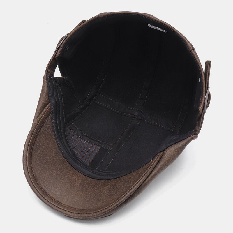 Collrown Men Faux Leather Retro Casual Stripe Pattern Color Sólido Cuero Forward Hat Boina Sombrero