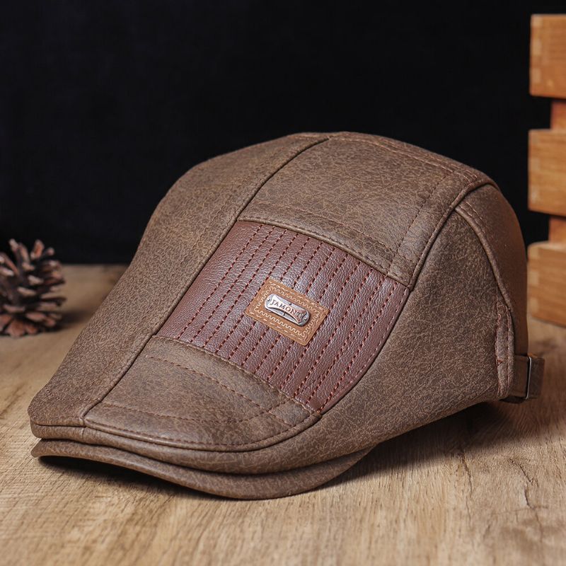 Collrown Men Faux Leather Retro Casual Stripe Pattern Color Sólido Cuero Forward Hat Boina Sombrero