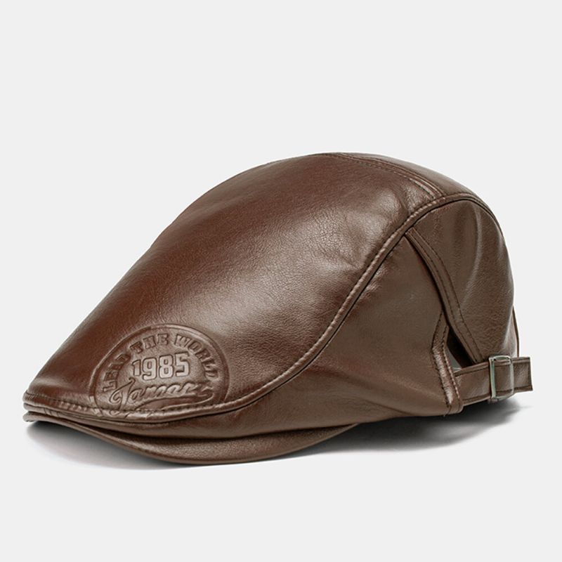 Collrown Men Faux Leather Retro Color Sólido Universal All-match Forward Hat Sombrero De Boina