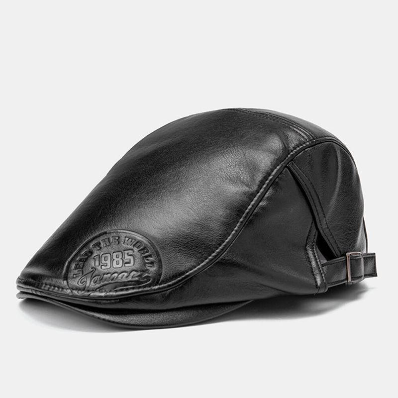 Collrown Men Faux Leather Retro Color Sólido Universal All-match Forward Hat Sombrero De Boina