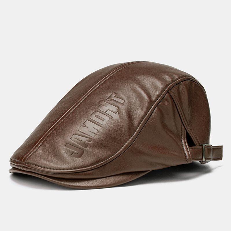 Collrown Men Faux Leather Retro Letras Sólidas Patrón Color Universal All-match Forward Hat Boina Sombrero