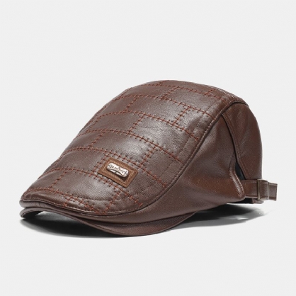 Collrown Men Faux Leather Sólido Retro Color Clásico Sombrero Plano Sombrero Delantero Sombrero De Boina