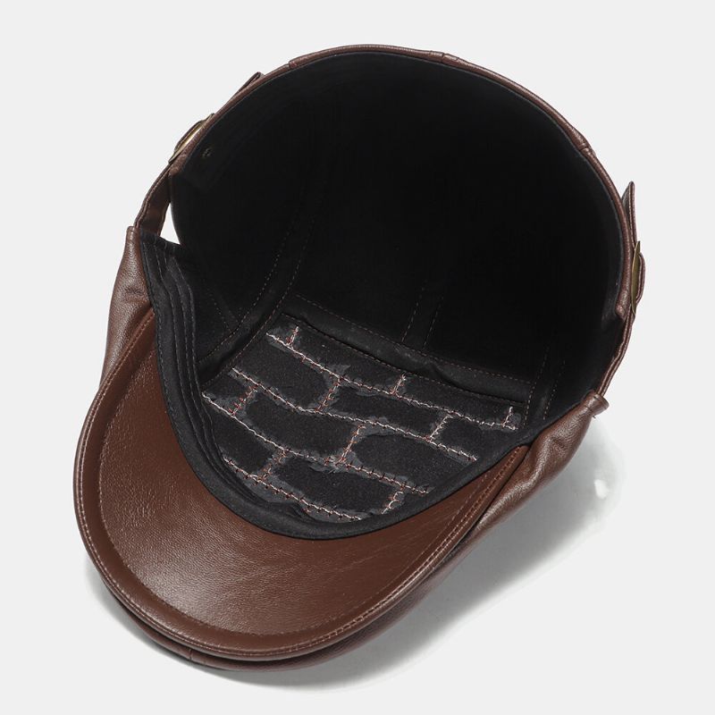 Collrown Men Faux Leather Sólido Retro Color Clásico Sombrero Plano Sombrero Delantero Sombrero De Boina