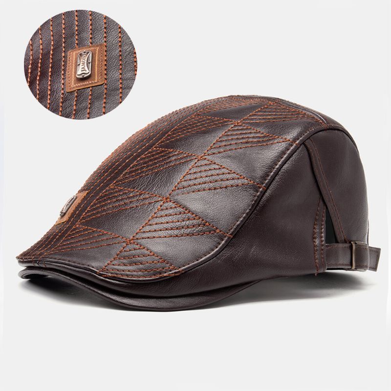 Collrown Men Faux Leather Stripe Pattern Vintage Color Sólido Hacia Adelante Sombrero Boina Sombrero