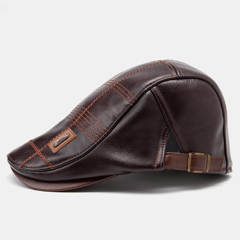 Collrown Men Faux Leather Stripe Pattern Vintage Color Sólido Hacia Adelante Sombrero Boina Sombrero