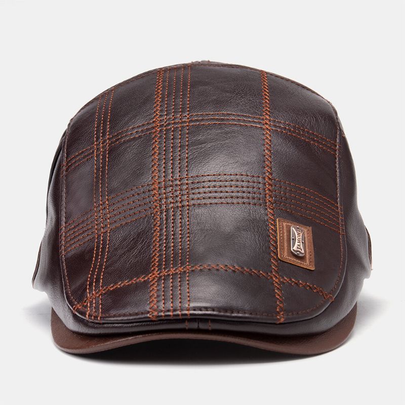 Collrown Men Faux Leather Stripe Pattern Vintage Color Sólido Hacia Adelante Sombrero Boina Sombrero