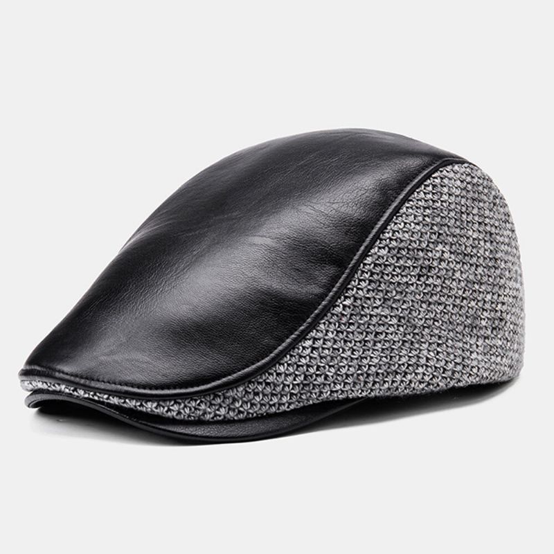 Collrown Men Faux Leather Y Knit Contrast Color Retro Casual Outdoor Leather Forward Hat Sombrero De Boina