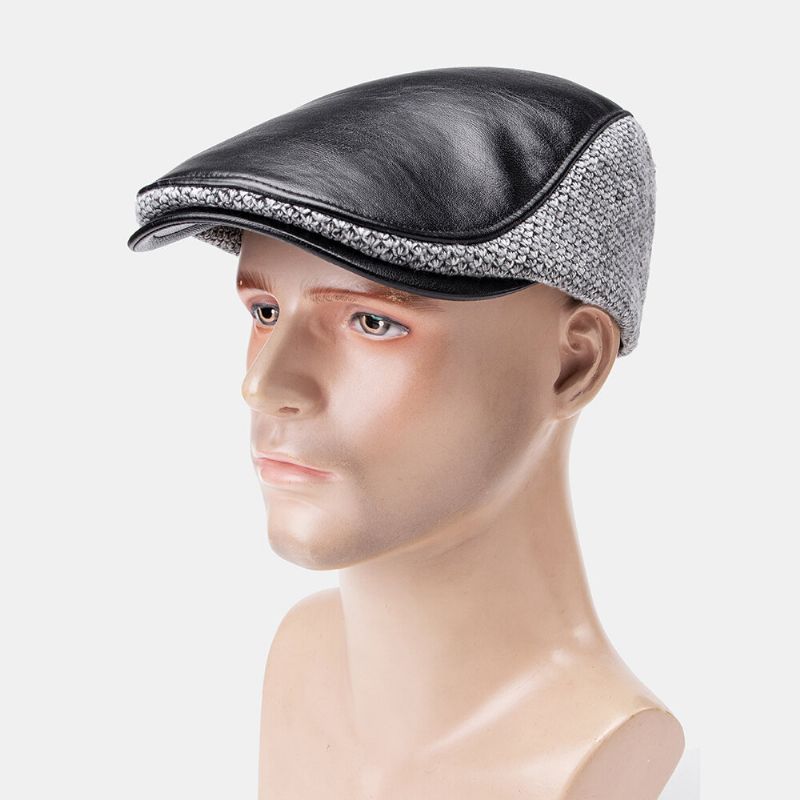 Collrown Men Faux Leather Y Knit Contrast Color Retro Casual Outdoor Leather Forward Hat Sombrero De Boina