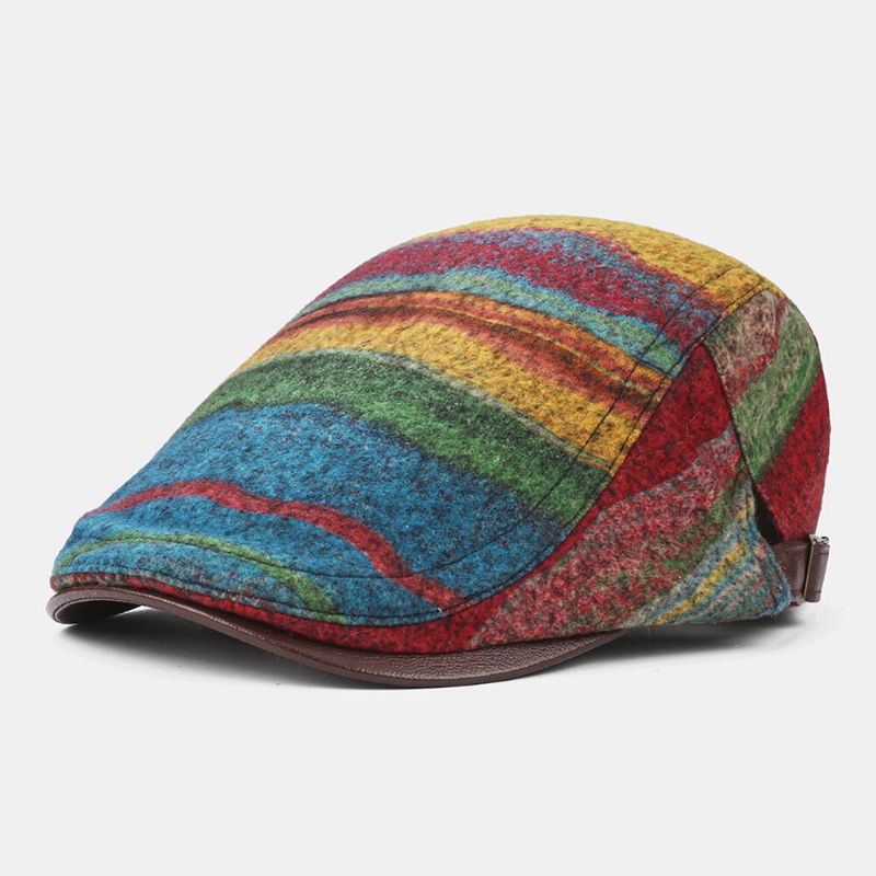 Collrown Men Knit Stripe Pattern Mixed Rainbow Color Retro Casual Outdoor Forward Hat Sombrero De Boina