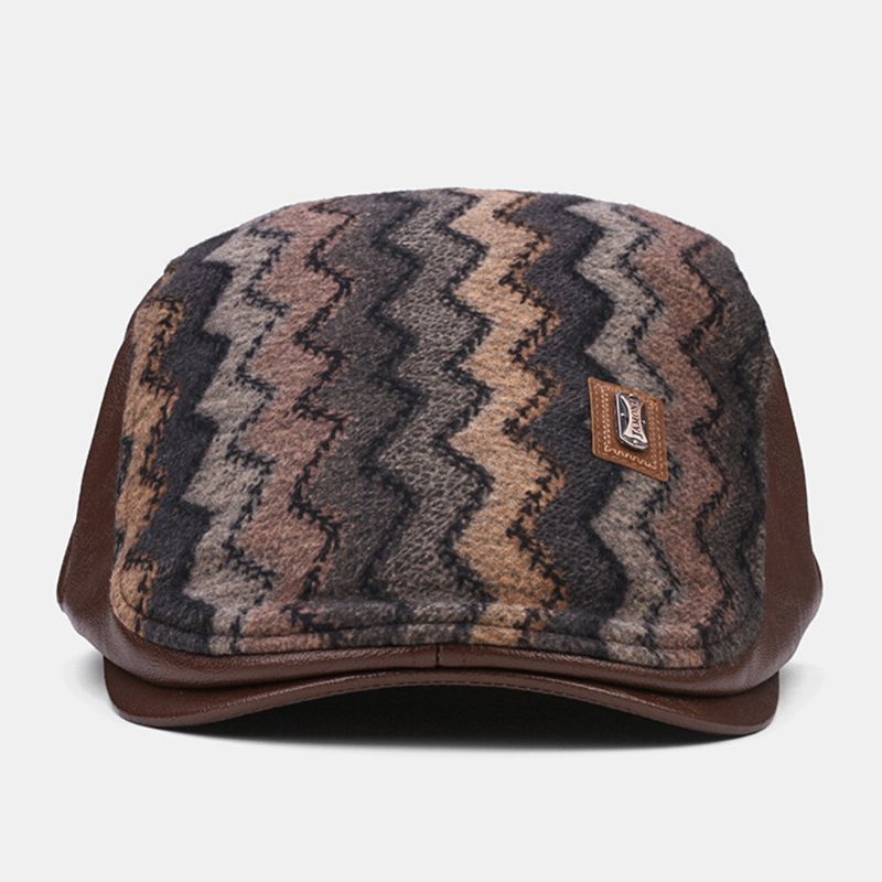 Collrown Men Retro Casual Outdoor Wave Stripe Pattern Patchwork Beret Hat Forward Hat