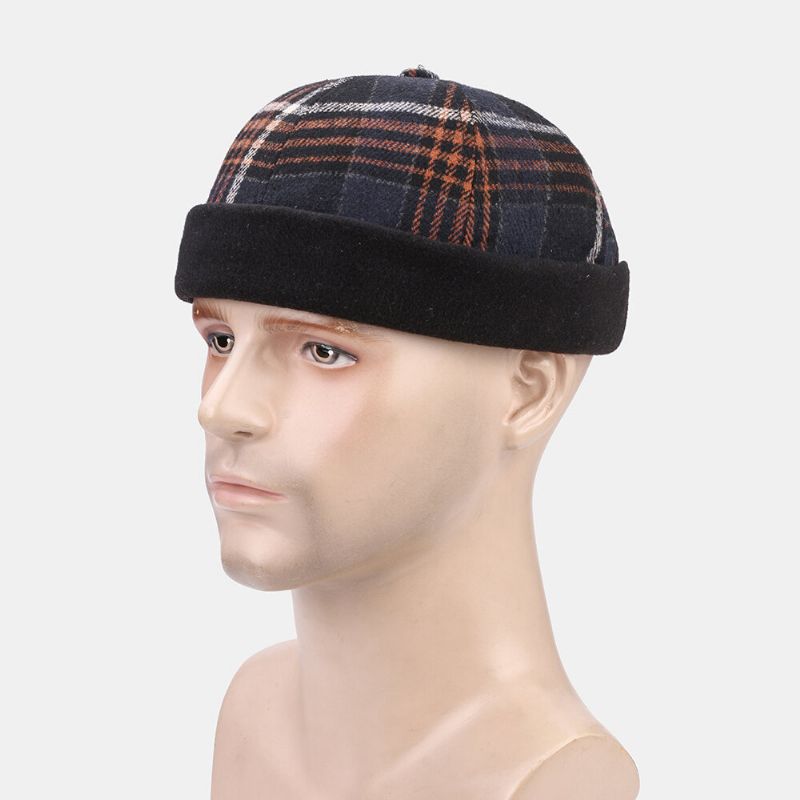 Collrown Unisex Casual Estilo Británico Celosía Rayas Patrón Brimless Skull Hat Gorro De Propietario